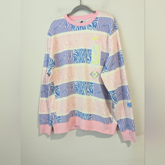 Nike Pink Blue Bright Patterned Fleece Trippy Safari Crewneck Sweatshirt Retro - Picture 6 of 11